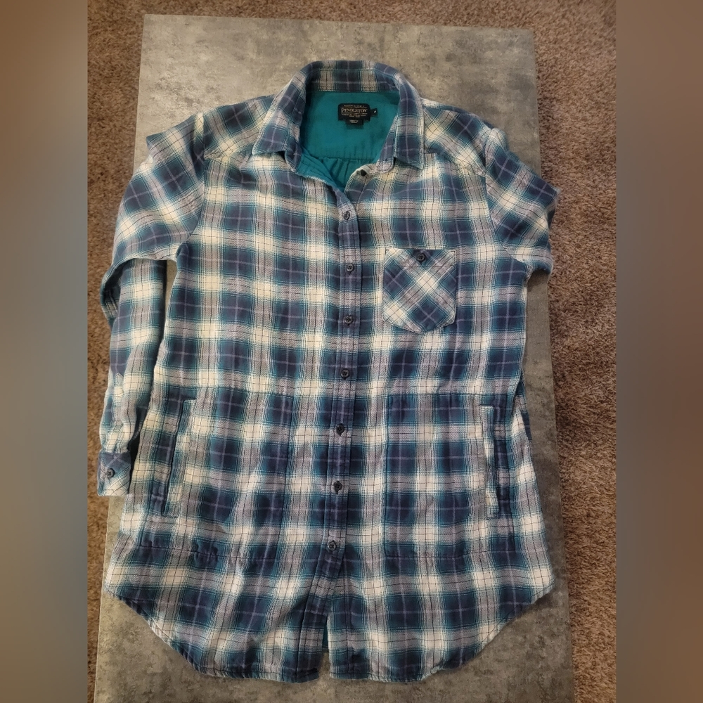 Pendleton Blue/Green Plaid Lined Shirtjacket Long… - image 1